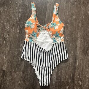 Cupshe‎ One Piece Swimsuit 0X Orange Floral Black White Striped Knotted Sexy